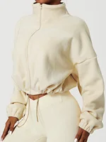 Loose Stand Collar Fleece Casual Jacket Women's Comfortable Polyester Blend Long Sleeve Zipper Closure Fashionable Sweatshirt - Image 4