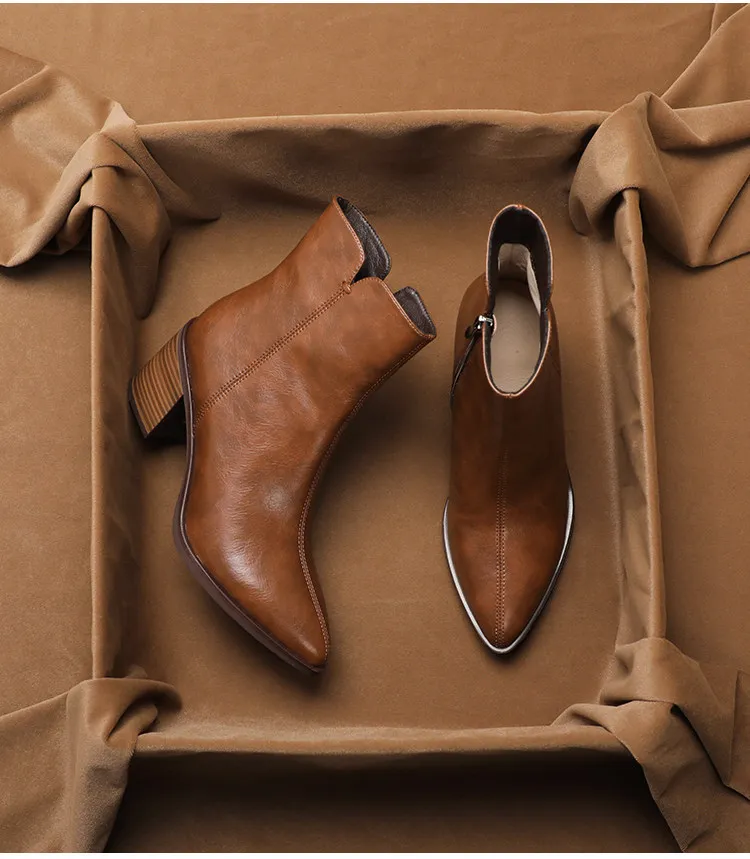 

Коробка для обуви ‌ Французские ретро-ботильоны на высоком каблуке из натуральной кожи для женщин, осень-зима, новинка, с боковой молнией, заостренный носок, массивный каблук