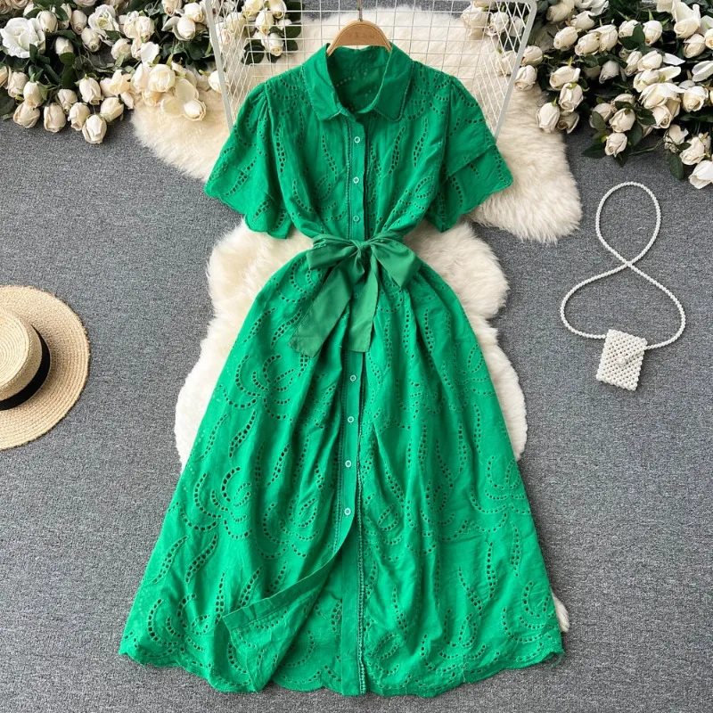 

Summer Lace Embroidery Dress Women Casual Lace Up Dresses Female Vintage Party Beach Maxi Long Dresses Y2k فساتين طويلة платье