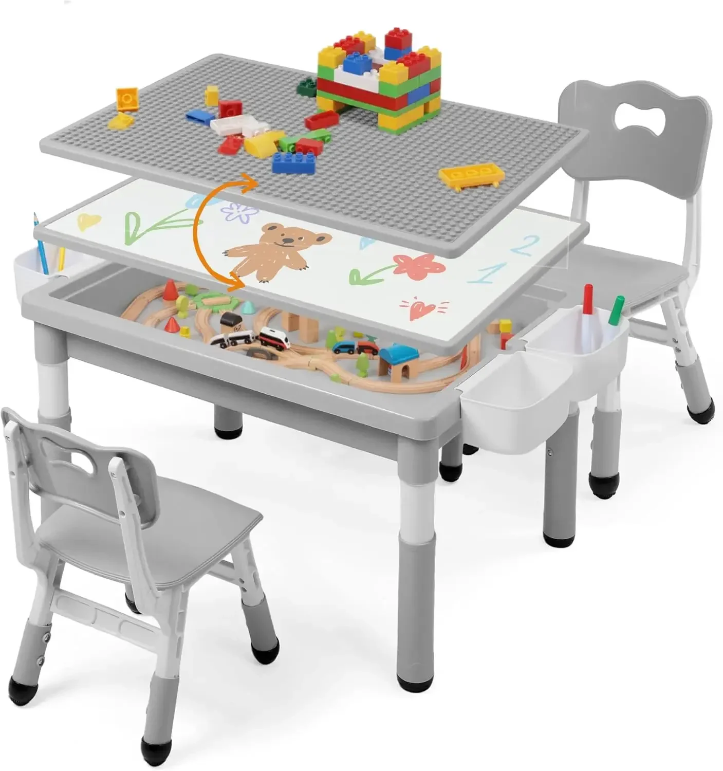 Kids Table and Chairs Set Large Storage, Height Adjustable Toddler Activity Table and 2 Chairs Set, 34.6x24.8