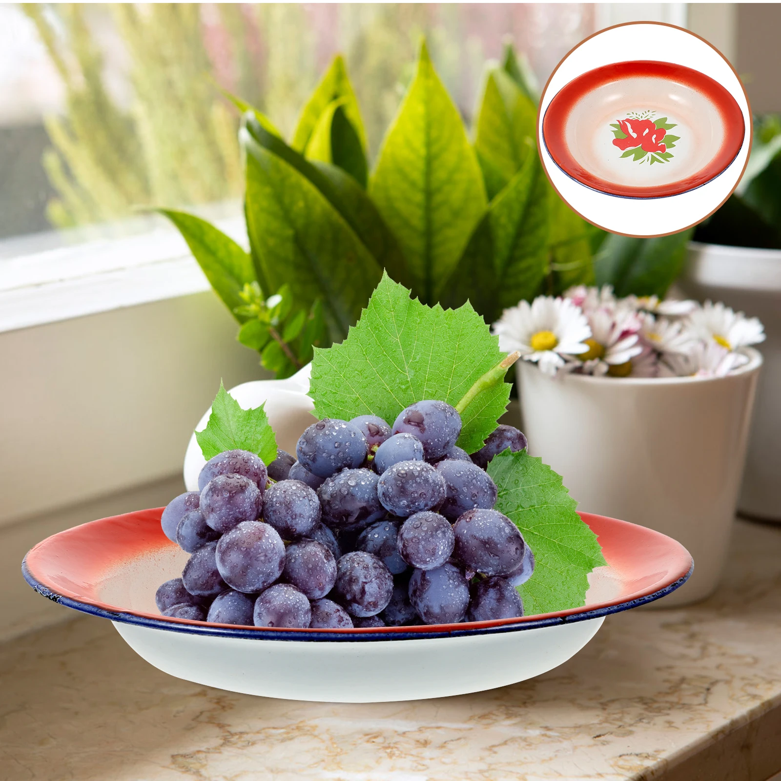

Chinese Style Red Flower Vintage Enamel Plate Fruit Snack Dessert Serving Tableware Dried Food Container