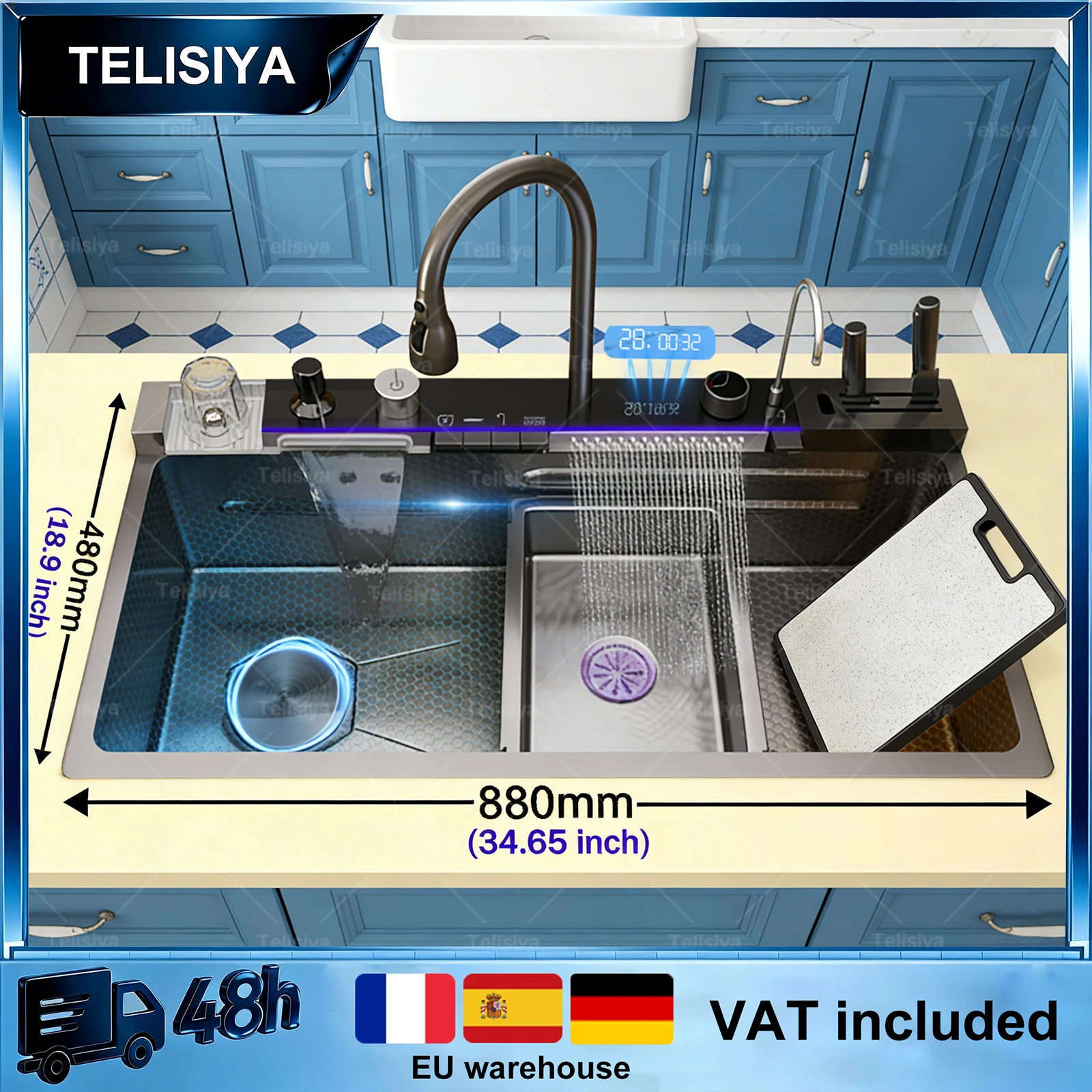 

34.65x18.9 inch Multifunctional Sinks Stainless Steel Waterfall Kitchen Sink Digital Display Large Single Slot 88*48cm