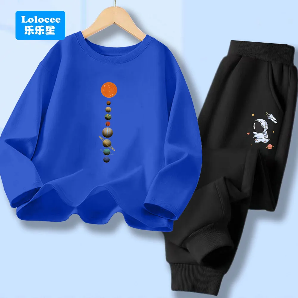 Boys' 2pcs Clothes Set Cartoon System Planets Space Long Sleeve T-shirt Top + Long Pants Tracksuit Teens Sport Outfit YHYXQ1