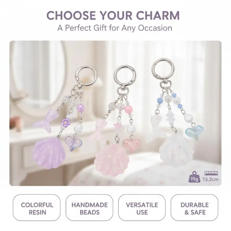 Cute Mermaid Tail Shell Keychain Glitter Sequins Pearl Beads Pendant for Backpack Handbag Decor Girls Gift