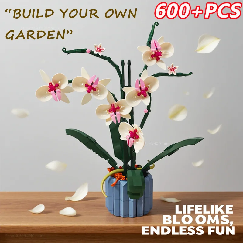 

New 600+PCS Artificial Orchid Flower Bouquet Building Blocks Potted Plant Model Brick DIY Kit For Girls Mom Gifts Creative Toys