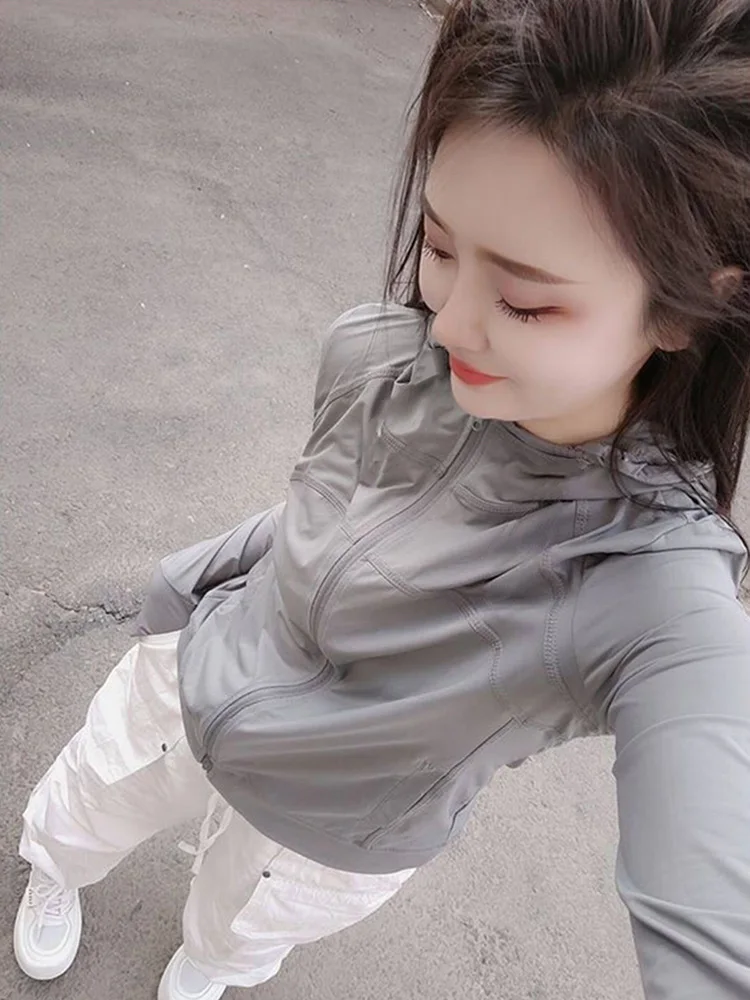 Lightweight Grey Hooded Women's Summer Outerwear Sun Protection Jacket Slim Fit Casual Style Zipper Closure Long Sleeve Coat