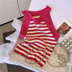 Pure Lust Vintage Striped Knit Vest Women Wear Summer Slim Base Layer Top Sweet Babes Sleeveless Top