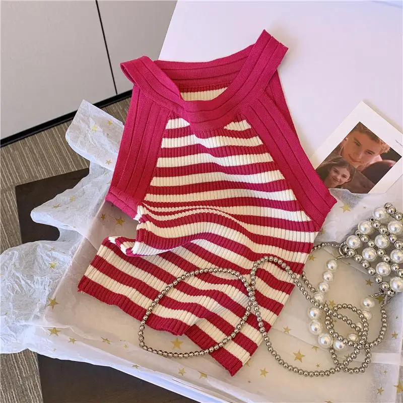 Pure Lust Vintage Striped Knit Vest Women Wear Summer Slim Base Layer Top Sweet Babes Sleeveless Top