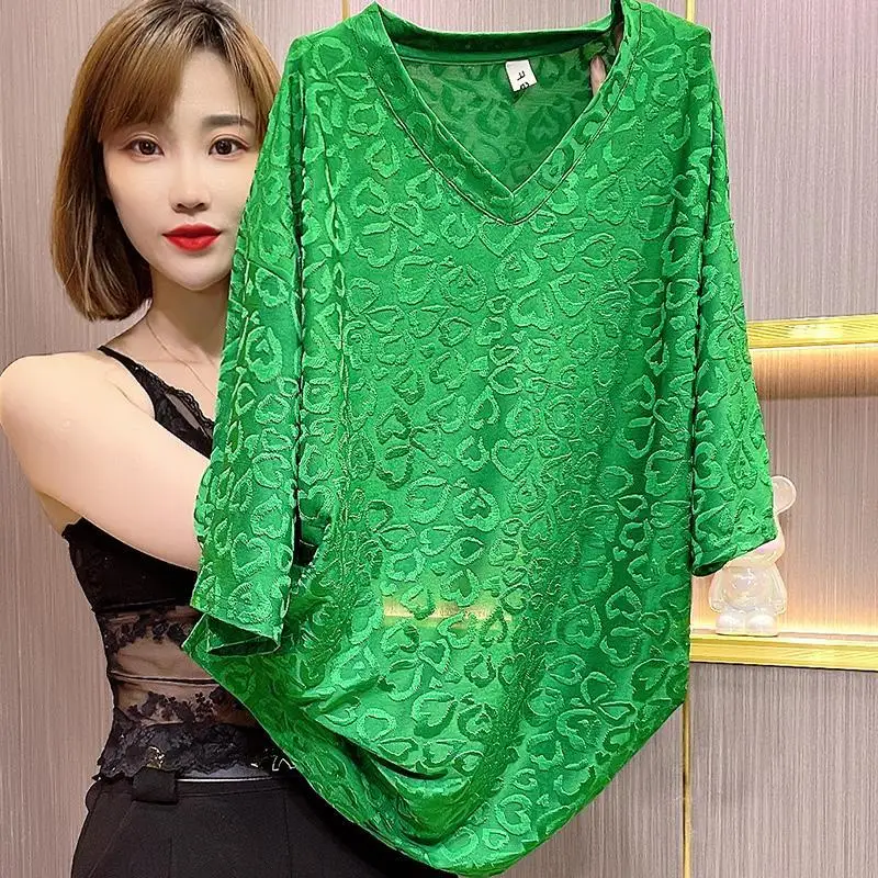 

Fashion V-Neck Spliced Loose Casual Blouses Women's Clothing 2025 Summer New Oversized Short Sleeve Korean Tops All-match Shirts