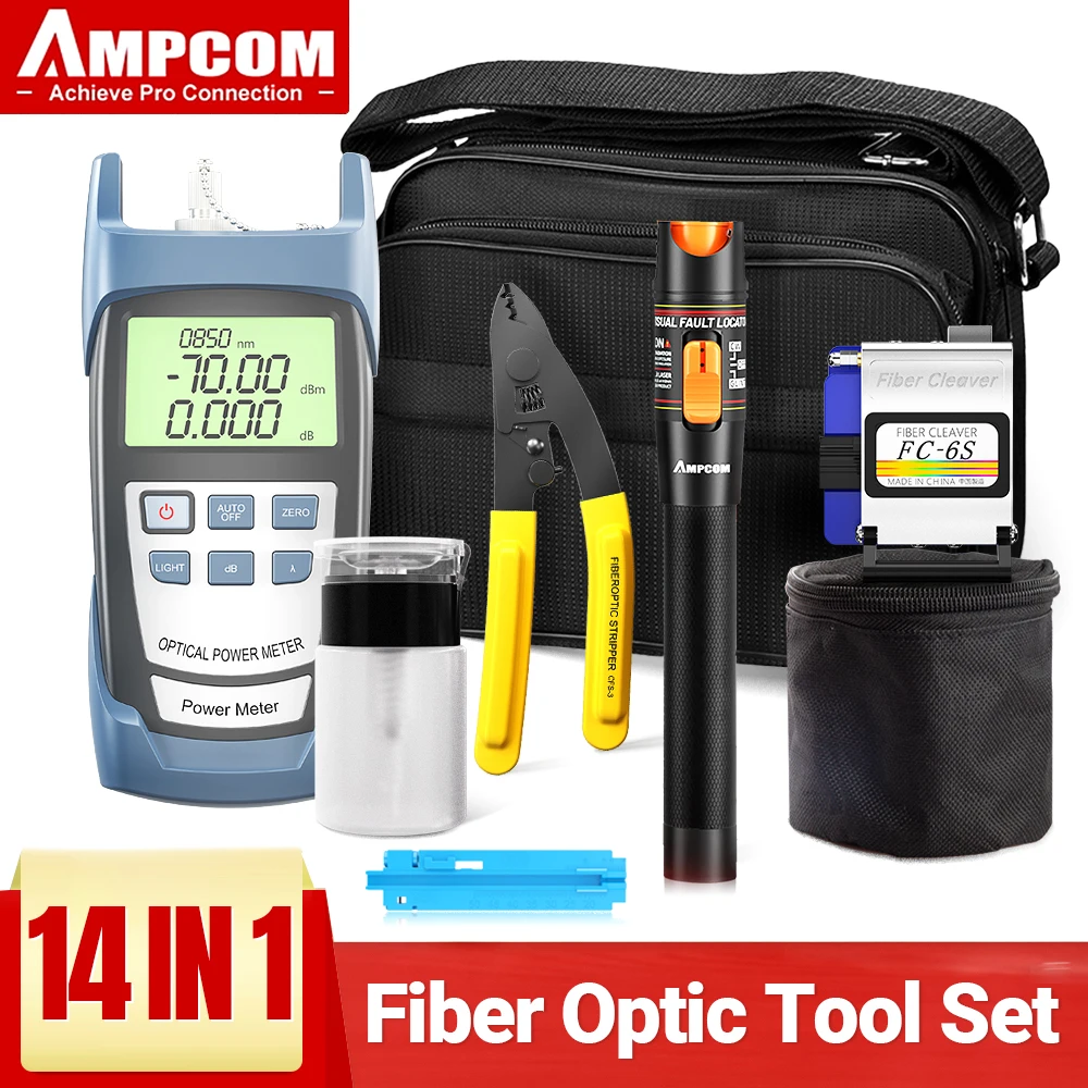 

AMPCOM FTTH Fiber Optic Tool Kit with Fiber Cleaver FC-6S Visual Fault Locator Optical Power Meter Fiber Stripping Tool 14 in 1