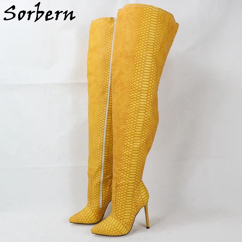 Sorbern Ginger Yellow Snake Boots Women Customized Wide Leg Fit Pointy Toes High Heel Stilettos Over The Knee Boot