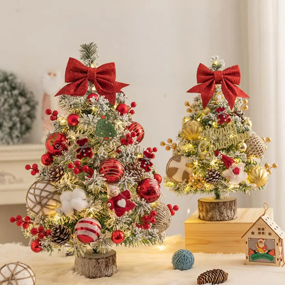 Mini Christmas Tree with LED Light Pre-lit Small Artificial Snow Flocked Tree with Ball Ornaments for Xmas Tabletop Home Decor