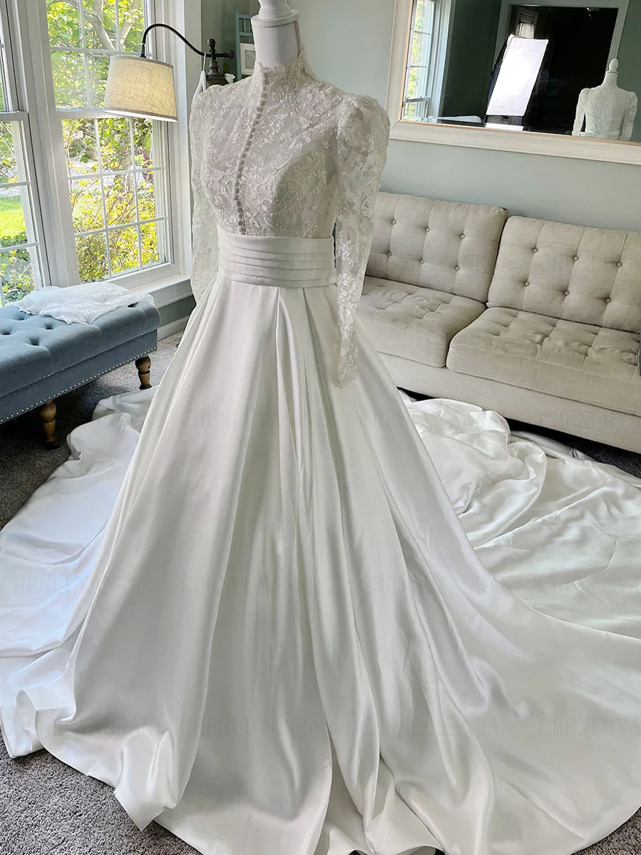 Robes de mariée musulmanes en satin pour femmes avec ceinture, robe de mariée de luxe en dentelle, robes A-Line pour femmes, 2023