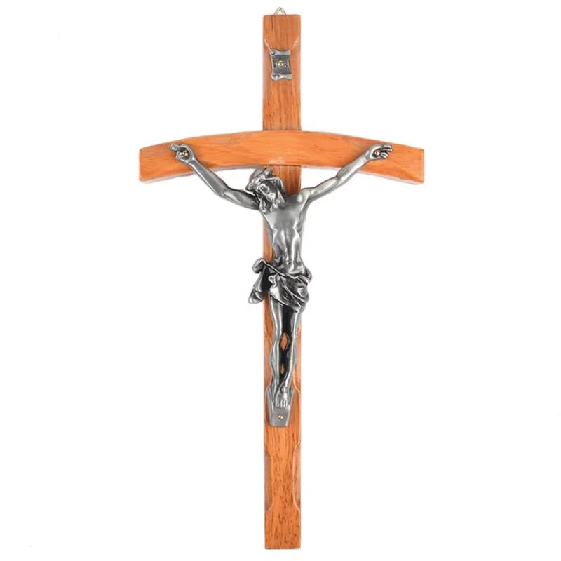 Catholic Christianity Alloy Jesus Statue Wooden Cross Church Prayer Crafts Home Wall Decoration