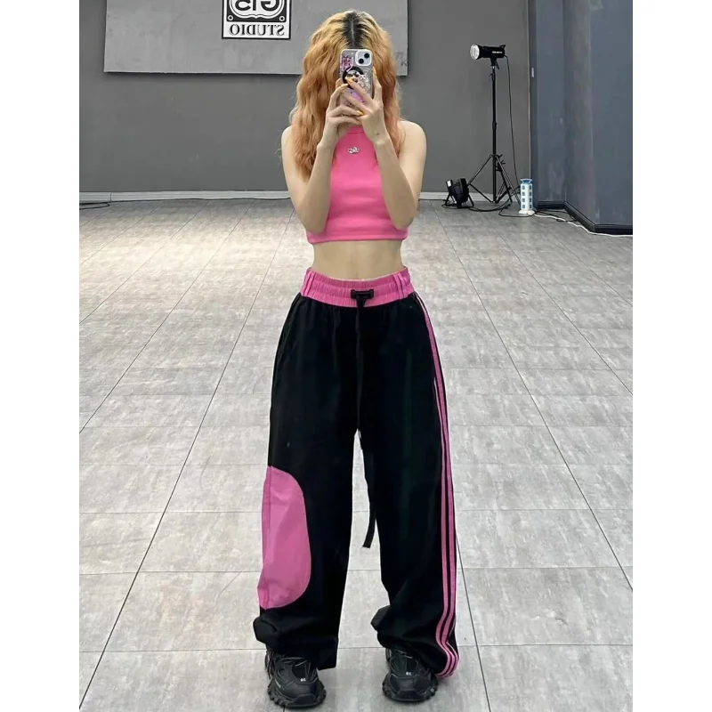 Women Black Cargo Pants Streetwear High Waist Wide Leg Pants Contrasting Colors Vintage Female 2024 NEW Autumn Straight Trousers