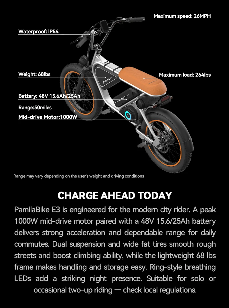 Rower elektryczny E3 dla dorosłych, 1000W, 42 km/h, bateria 48V 16Ah, zasięg maksymalny 80-160 km, opony typu fat tire 20*3', 3-biegowy motocykl elektryczny, rower terenowy.