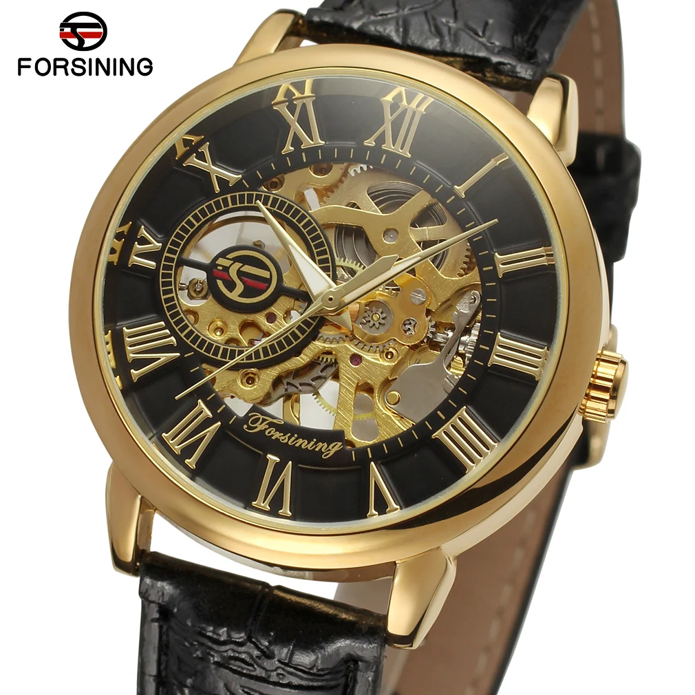 Mechanical Man Gold Watch Mens Watches Top Brand Luxury 2024 FORSINING Clock Male Skeleton Leather Forsining 3d Hollow Engraving