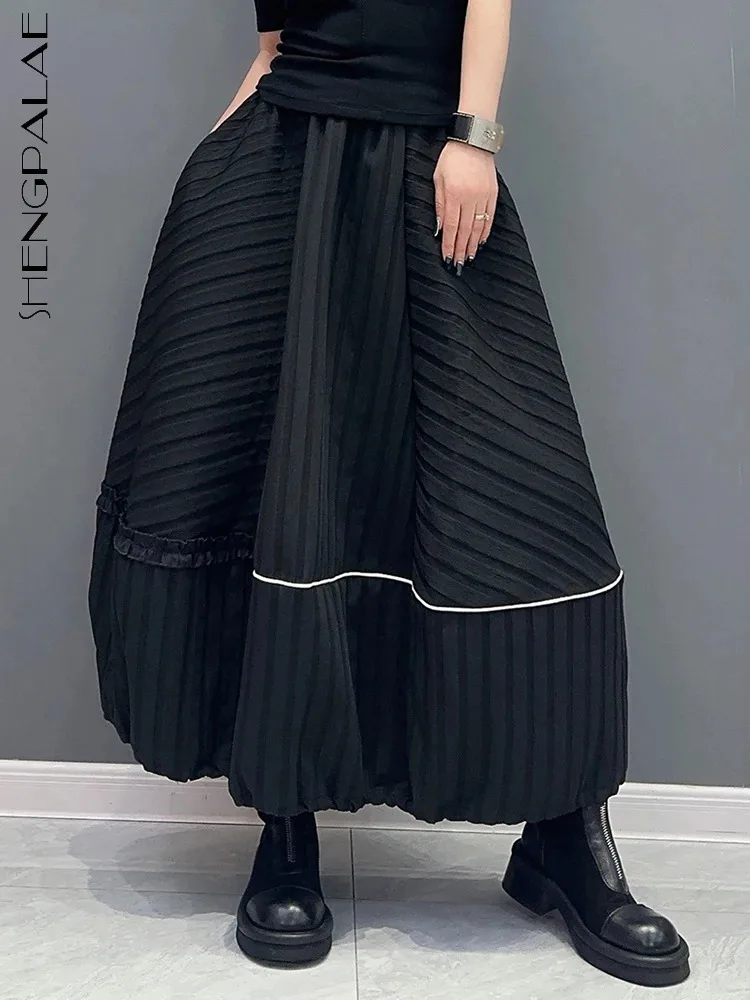 SHENGPALAE Fashion Chic Women\'s Skirt Striped Design Loose Vintage Patchwork A-line Mid Calf Skirt Spring 2024 New Trendy 5R9253