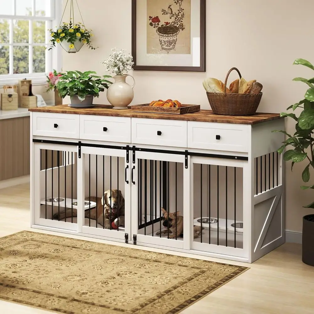 

71 Dual-Room Dog Crate with Sliding Door and Divider for Medium to Large Dogs, White
