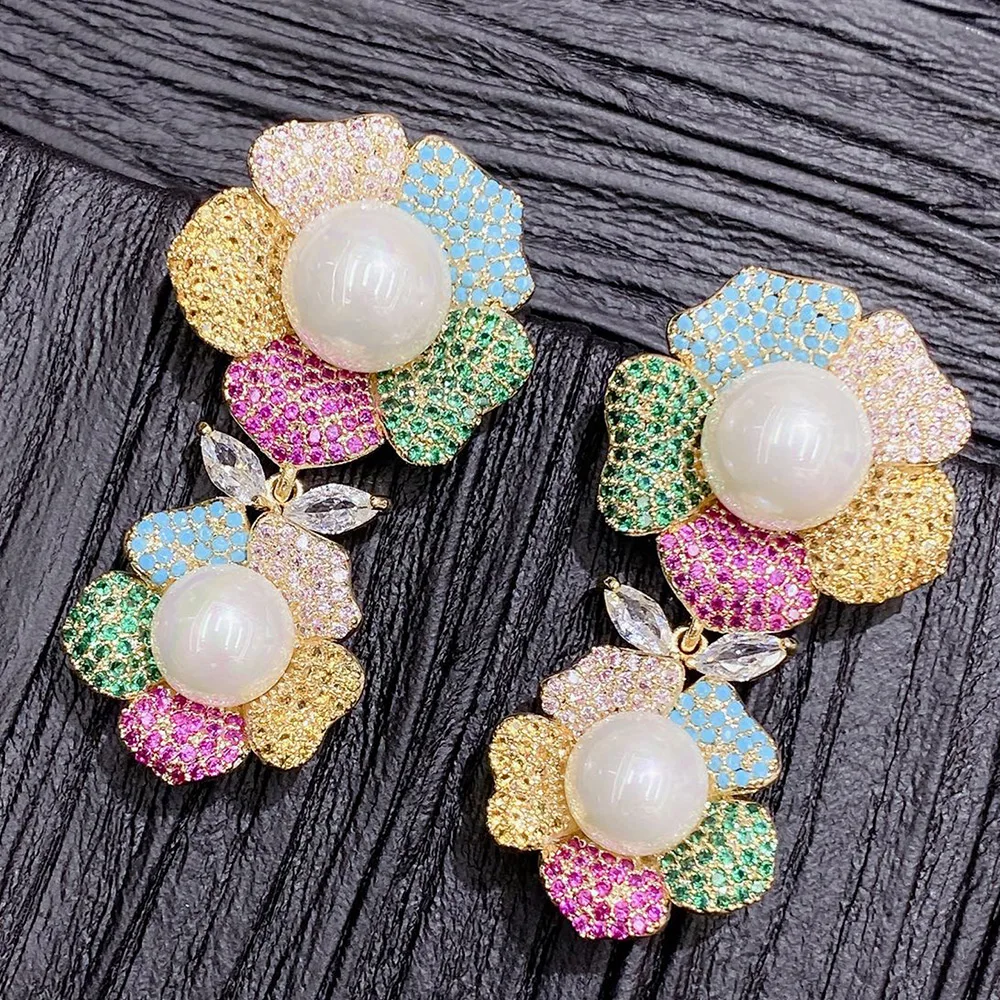 

Missvikki New Hot High Quality Shiny Luxury Colorful Flower Pendant Dangle Earrings For Women Daily Party Show Bridal Wedding