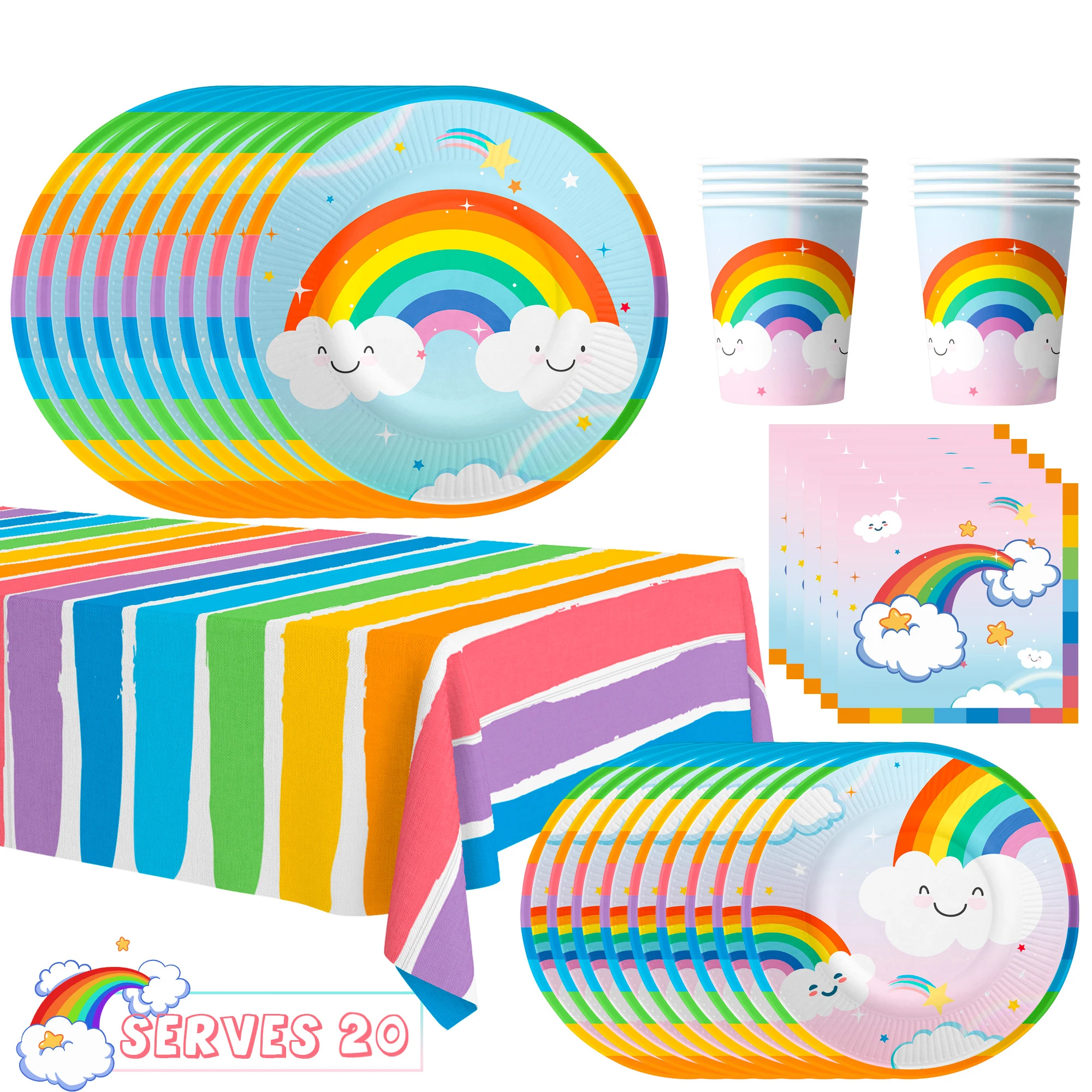 Set di articoli per feste a tema arcobaleno, composto da 141 pezzi: piatti, tovaglioli, bicchieri, tovaglia e altri accessori in carta colorata, ideale per decorare la tavola durante una festa a tema