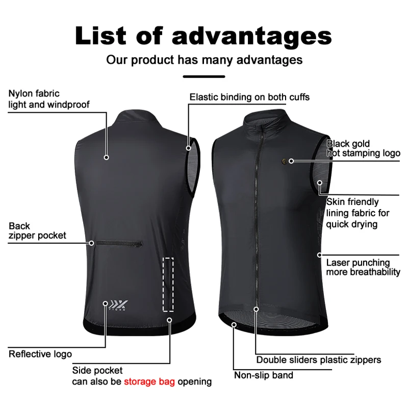 X-TIGER Men Jerseys Windproof Lightweight Cycling Sleeveless Jacket  Bike Uniform Bicycle Jersey Clothing Vest behind Breathable