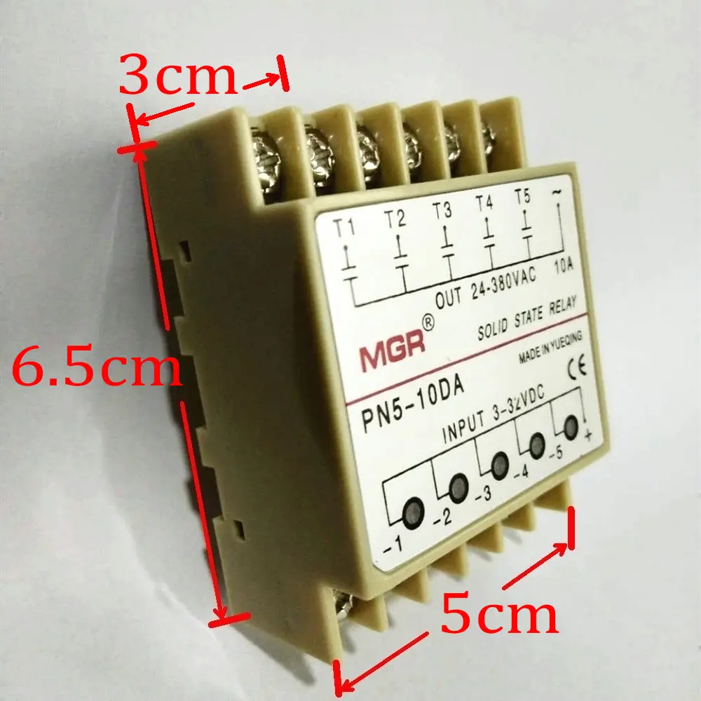 5 Channels 10DA Din Rail Mounting SSR Quintuplicate Five Input 3~32VDC Output 24~380VAC DC Solid State Relay