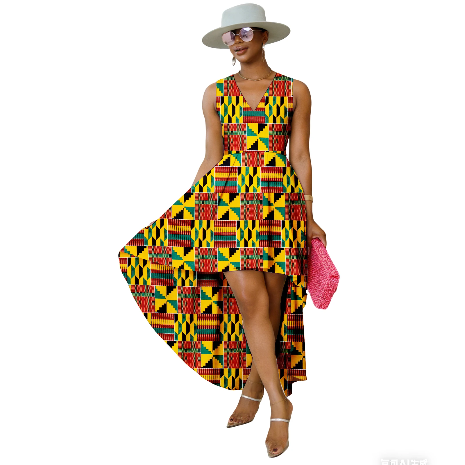 women's-african-print-dress-kente-print-v-neck-sleeveless-high-low-dress-dashiki-wedding-party-attire-no-hat
