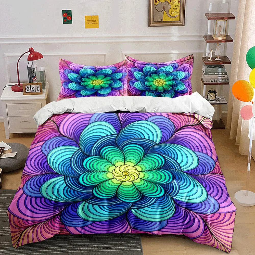 3PC Rainbow Gradient Mandala Flower Prints bedding Set. Exquisite three-piece bedding set gift for kids and adults