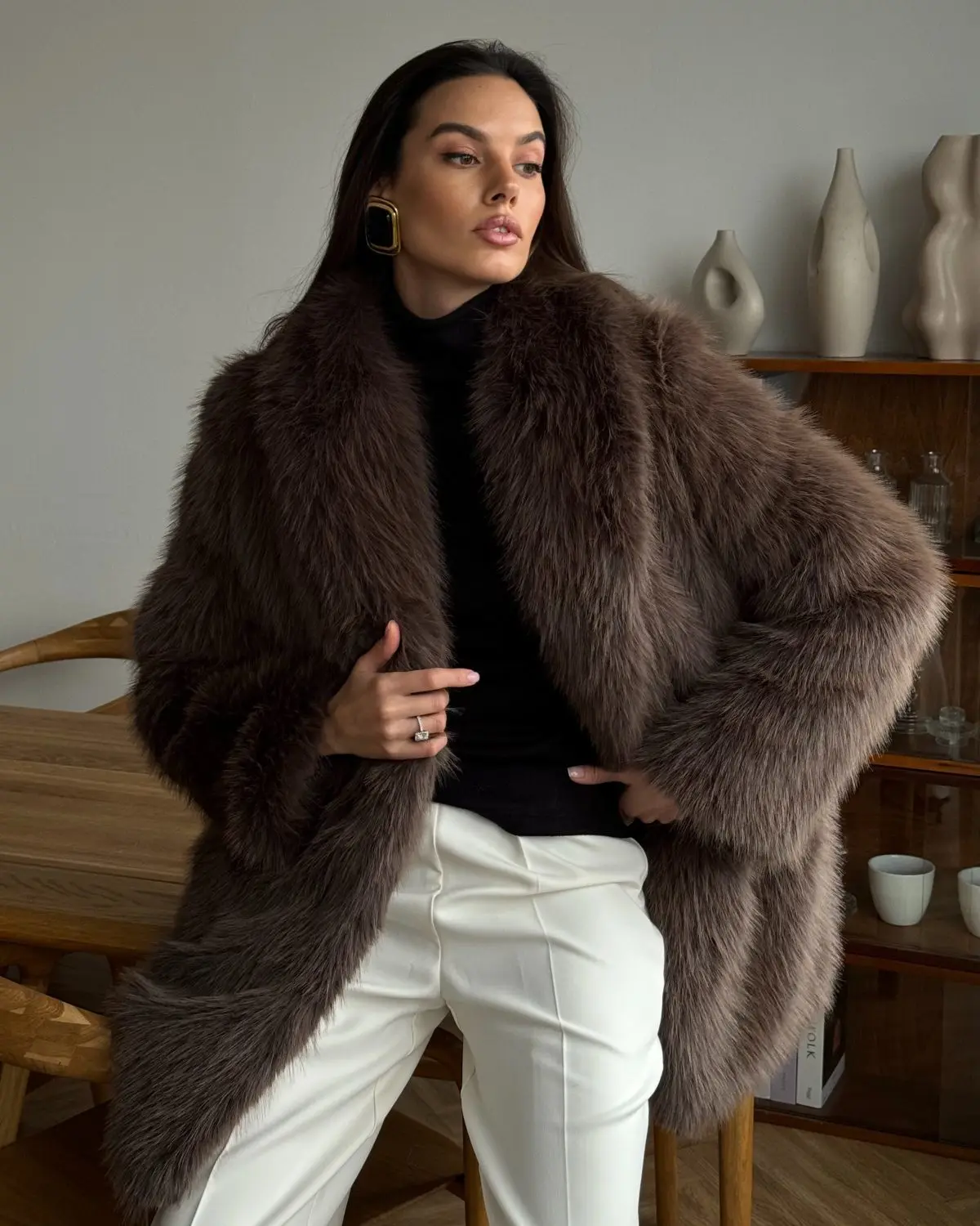 DFDG Women Faux Fur Mid Length Coat Loose Oversized Lapel Fluffy Plush Warm Jacket Winter Casual Elegant Street Outerwear