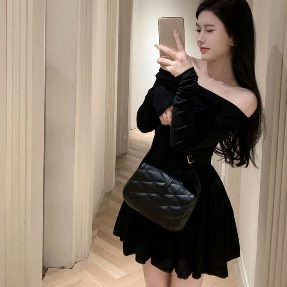 

Французское элегантное платье с длинными рукавами и короткой юбкой в корейском стиле, облегающее, с воротником, Y2K, повседневное, А-силуэт, короткая юбка для клуба