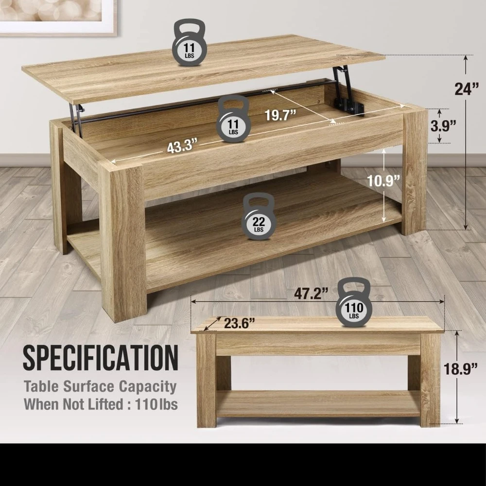 47'  Lift Top Coffee Table with Storage, 110 lbs Capacity, 11 lbs Lifted