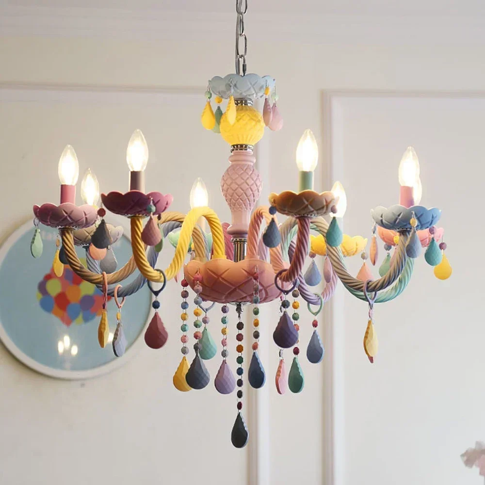 European Candle Lamp Colorful Crystal Chandelier Decoration Living Room Girl Princess Bedroom Macaron Pendant Light