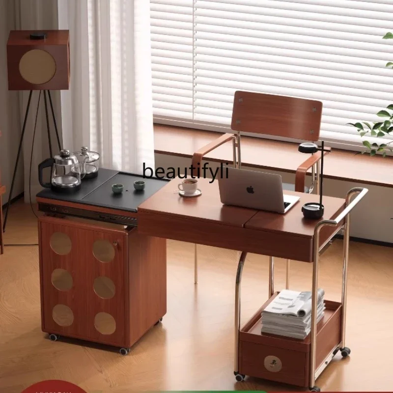 Solid wood desk with tea boiling water Multifunctional tea table Movable retractable tea cabinet