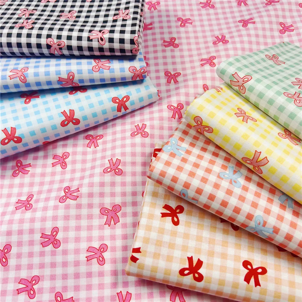 Mini Checkered Bow 100% Cotton Fabric for Kids Clothes mask Home Textile Sewing Quilting DIY Needlework Material