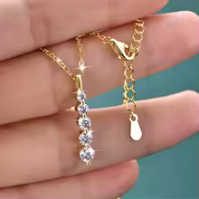 Modern 14k Gold Chain 5-Stone Moissanite Long Drop Pendant - Gold