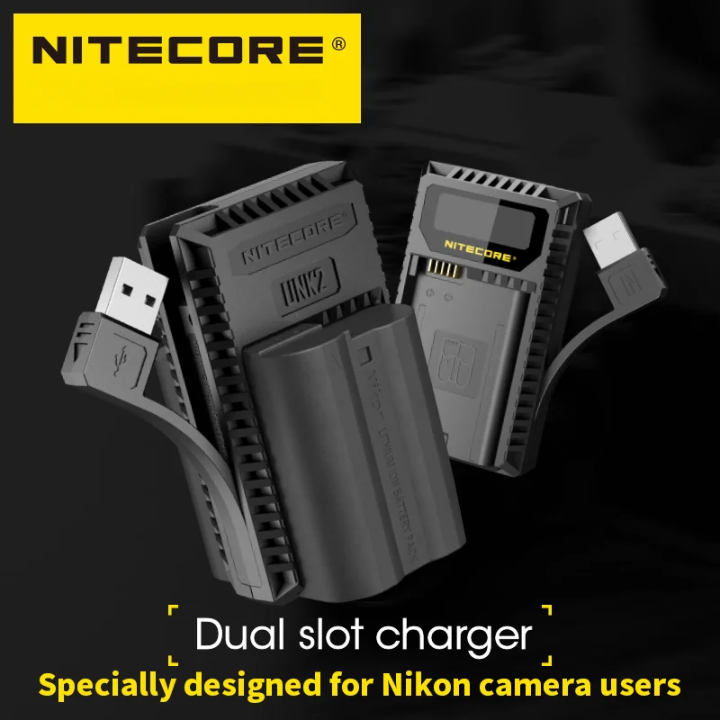 NITECORE UNK2 Caricabatteria per fotocamera intelligente USB a doppio slot per Nikon EN-EL15 EN-EL15a EN-EL15b D500 D600 D810 D7500 Z6 D800E D7000