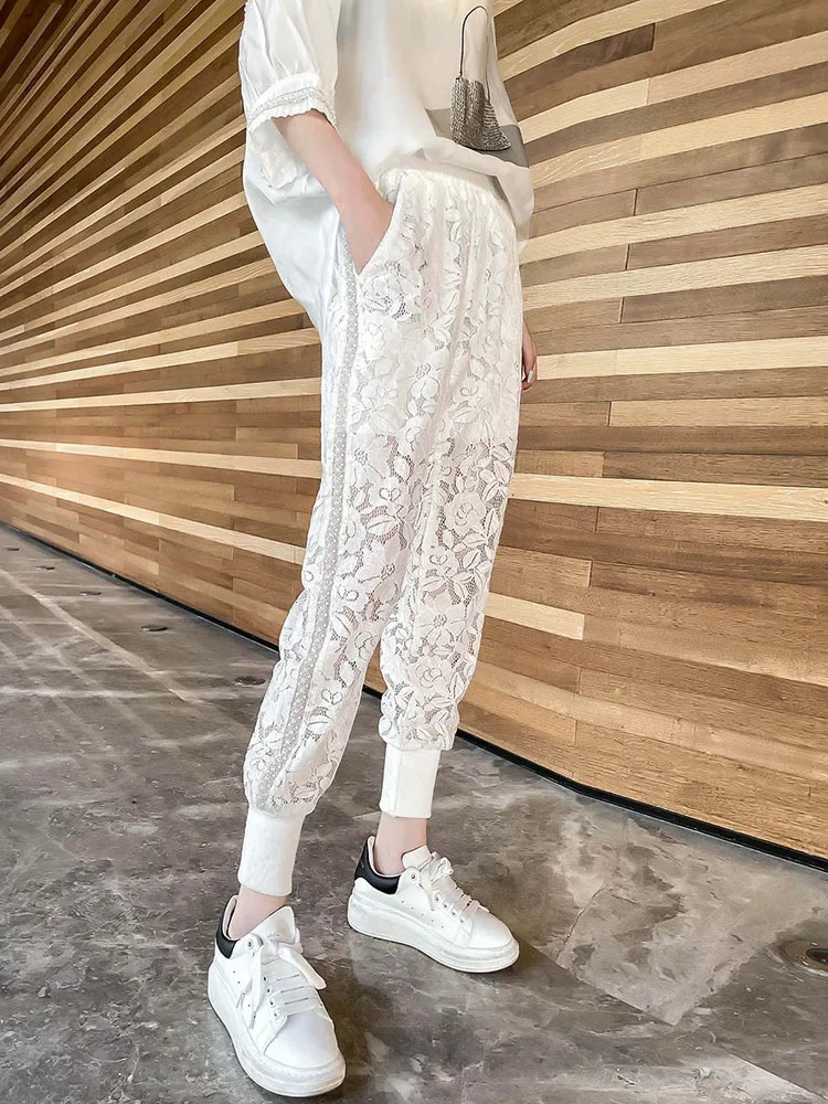 

2024 Spring Summer New Fashion Beaded Harem Pants Women Refined Handmade Lace Patchwork Casual Pants Korean Slim Cropped Pants