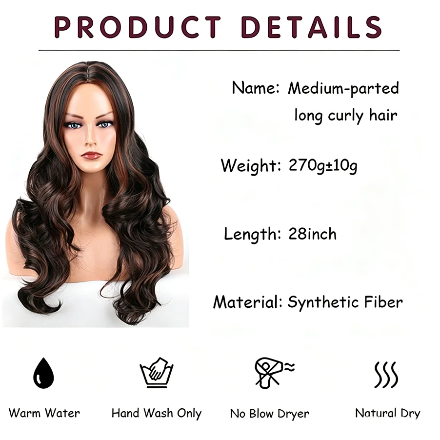 28 Inch mix black Curly Wig , Highlight Brown Wavy Middle Part Natural Hairline Layered Synthetic Wig for Women Daily