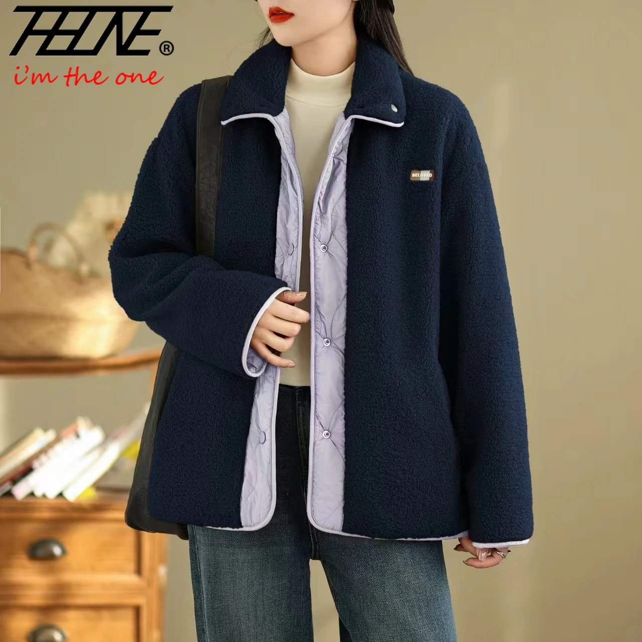 THHONE Outono Inverno Roupas Mulheres Parkas Nova Retro Lapela Duas Desgaste Manga Longa Lã de Cordeiro Algodão Acolchoado Casacos Jaquetas Outerwear