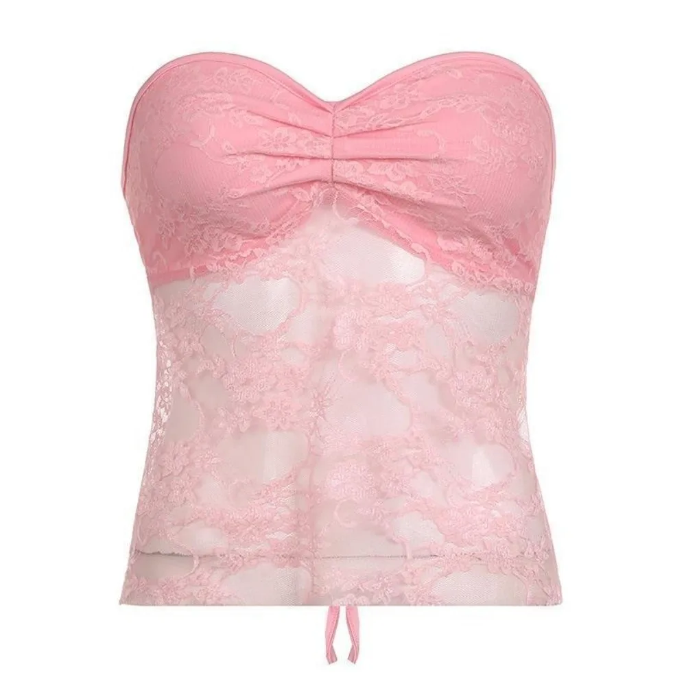 Simple Daily Style Lace Tube Top Ruched Lace Detail Deep Open Back Back Tie Vest Bright Color Tone Adjustable Back Tie