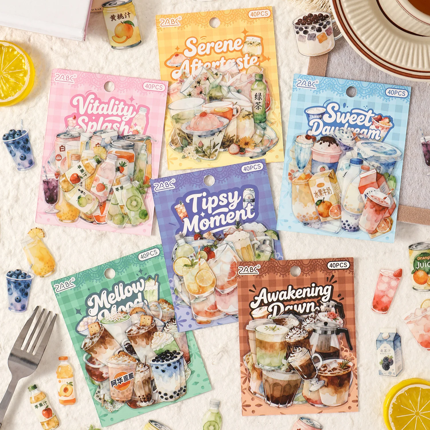 40Pcs Waterproof PET Stickers Assorted Drinks Collection for Scrapbook Journal Stationery