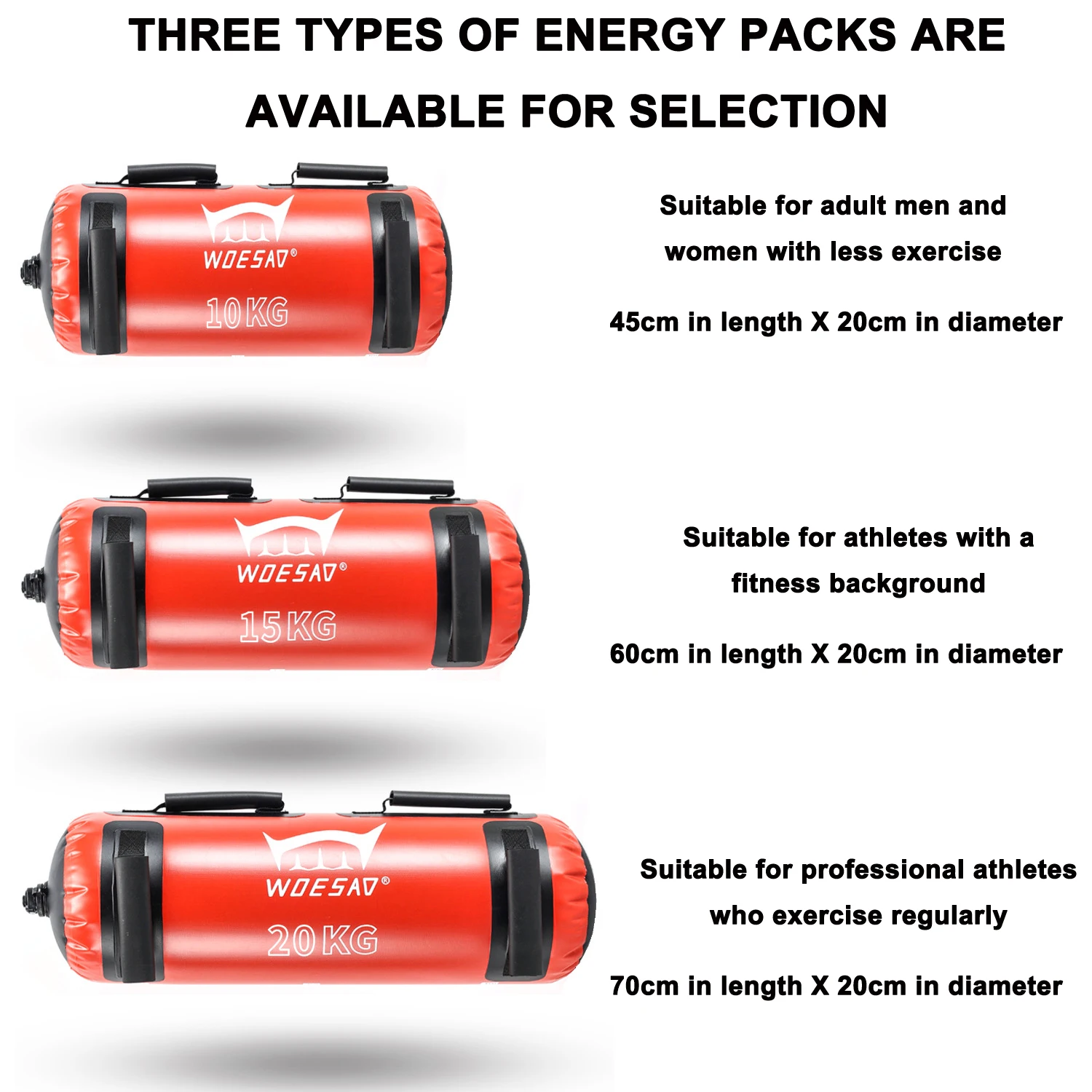 WOSWEIR-حقيبة مياه محمولة للياقة البدنية، تدريب قوة الطاقة القابلة للنفخ، حقيبة الرفع، أكياس الطاقة، 10 كجم، 15 كجم، 20 كجم