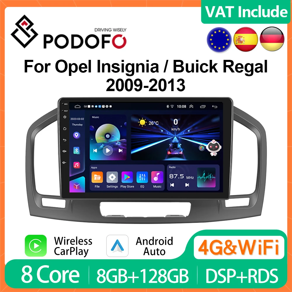 Podofo 8G+128G CarPlay Android Radio For Opel Insignia 2009-2013 For Buick Regal Multimedia Player 2din Head Unit 4G Stereo GPS