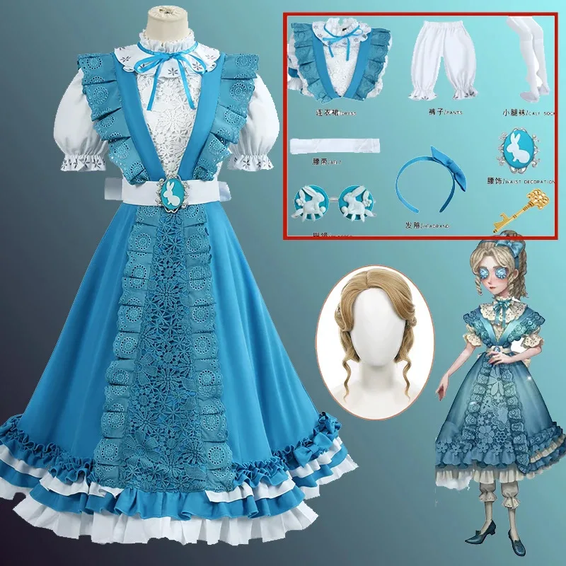 

Игра Identity V Репортер Алиса Костюмы для косплея Репортер Мечта Алиса Лолита Синее платье Парик Костюм Вечеринка Игровой наряд для женщин