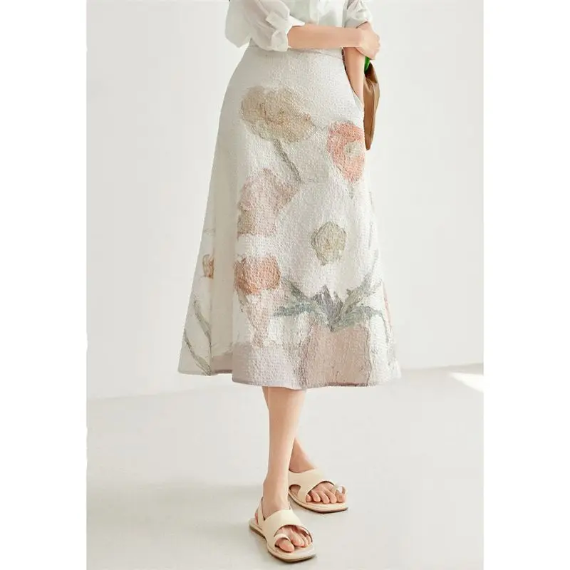 Temperamen Vintage Luxury Summer Women's Printing Elastic Waist Button Fashion Casual All-match Slim Mid-length A-LINE Skirts