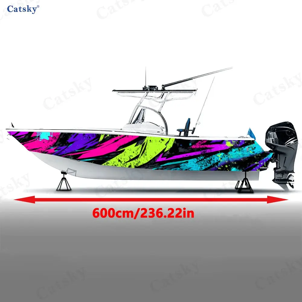 2Pcs Cyber Color Block Boat Stickers, PVC Waterproof Durable Vinyl Wrap Decals for Fishing Boats, Durable and Stylish Design