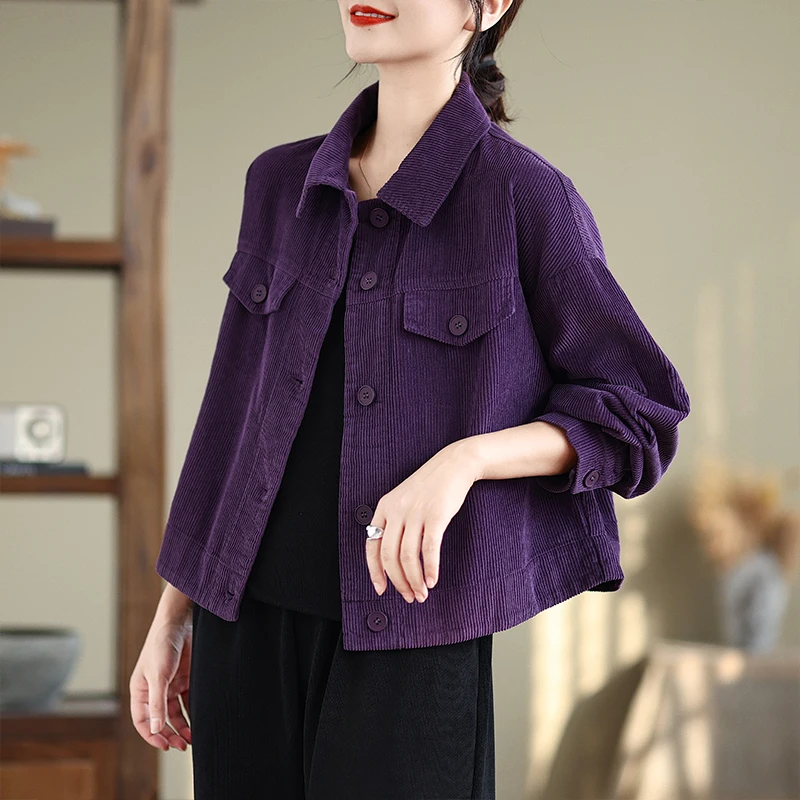 퍼플 플래드 캐주얼 재킷 여성용 2025 신상 패션 숏 셔츠 슬리브 코듀로이 가을 겨울 두꺼운 루즈핏