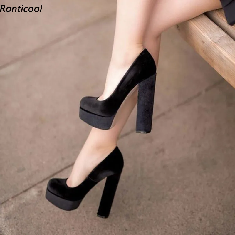 Ronticool Handmade Women Platform Pumps Block High Heels Round Toe Beautiful Black Party Dress Shoes US Plus Size 5-20