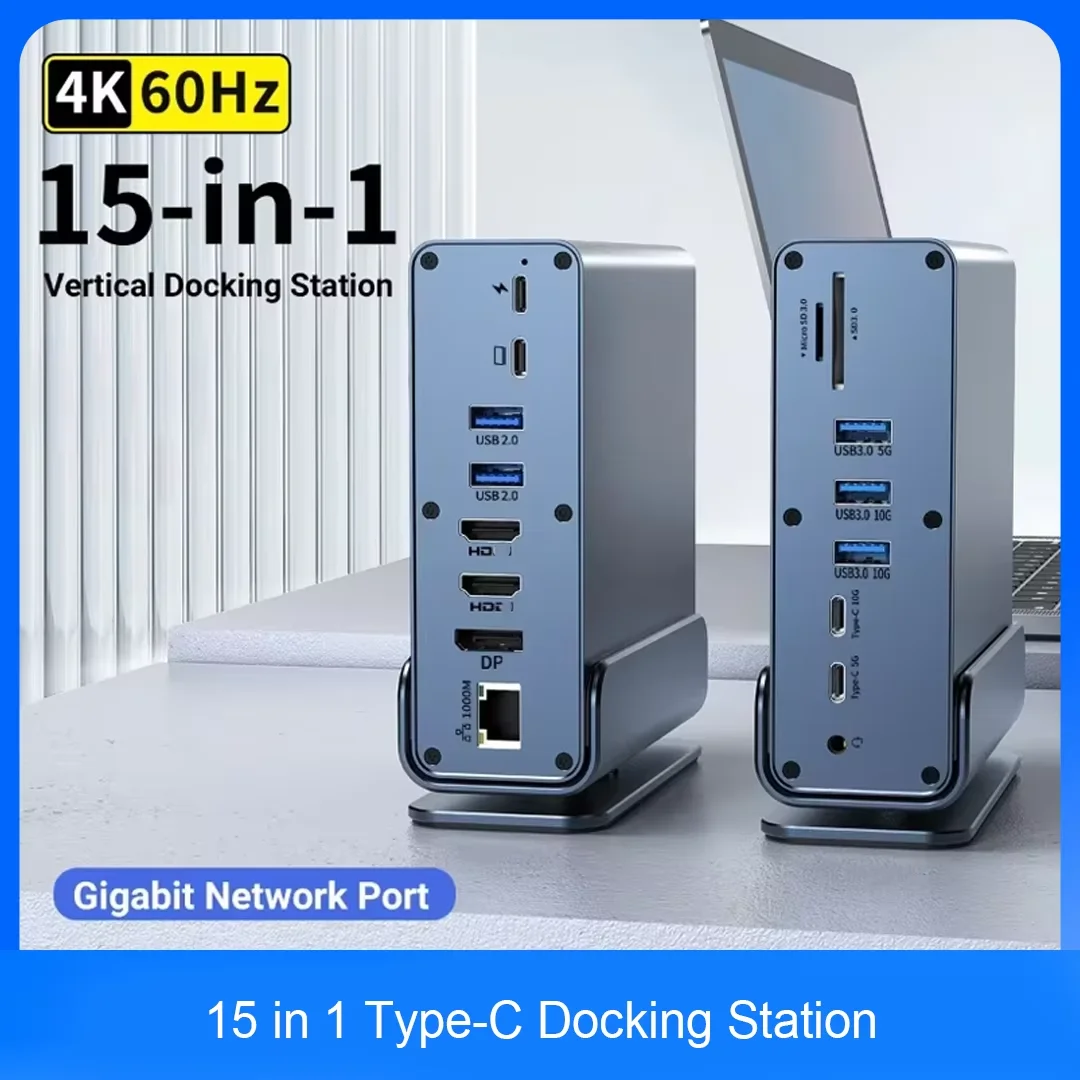 15 in 1 USB C HUB Docking Staion Multi-port Type C Thunderbolt wtih USB 3.0 HDMI PD 100W RJ45 SD/TF Audio 3.5 for Macbook Laptop